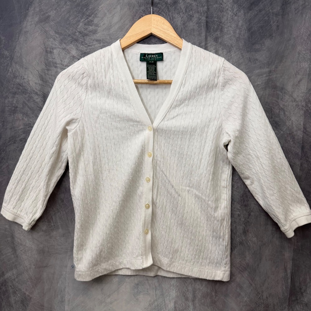 Lauren Ralph Lauren Petite White Cable Knit Cardigan Preppy Clean Girl Cottage